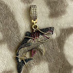 14K Yellow Gold Round Ruby & Diamond Shark Statement Pendant 2.75" Charm